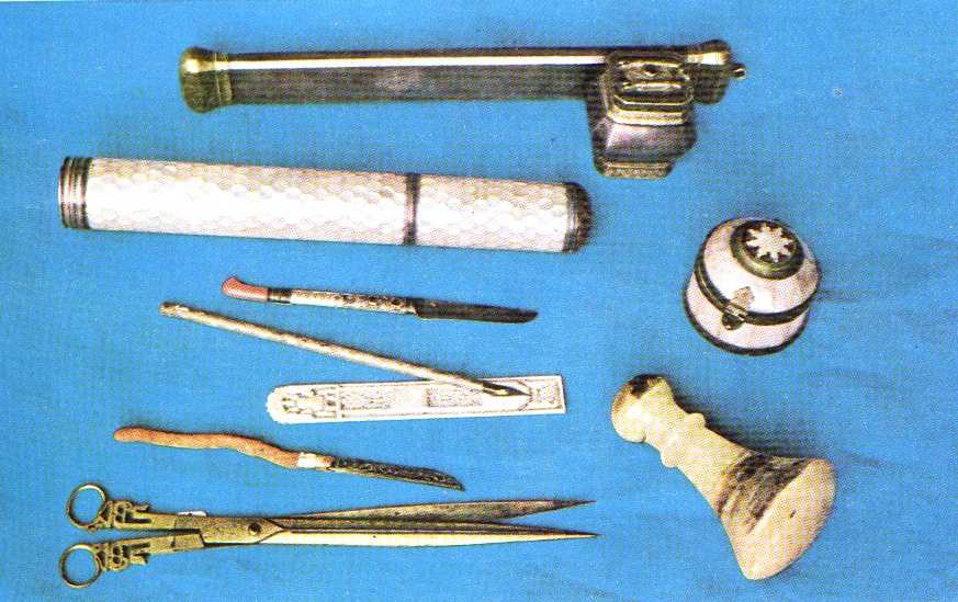 Writing Implements: Pen-cases, inkpot,
penknife, scissors etc.